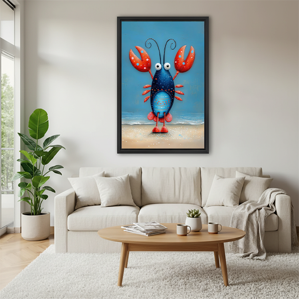 Black-framed whimsical lobster canvas wall art featuring red claws and curling antennae, displayed between potted plants.