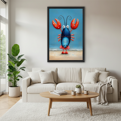 Black-framed whimsical lobster canvas wall art featuring red claws and curling antennae, displayed between potted plants.