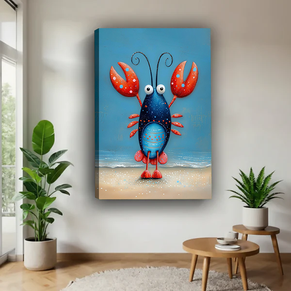 Framed whimsical lobster canvas wall art with red claws and blue background displayed above a cream sofa.
