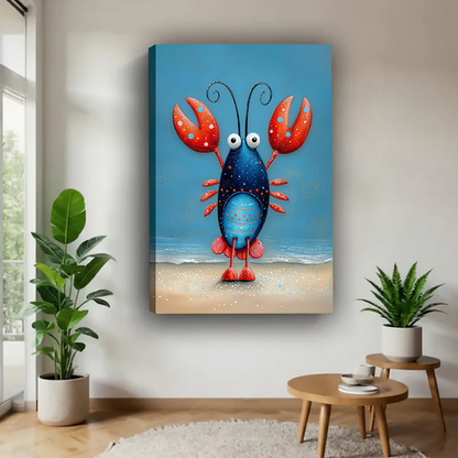 Framed whimsical lobster canvas wall art with red claws and blue background displayed above a cream sofa.
