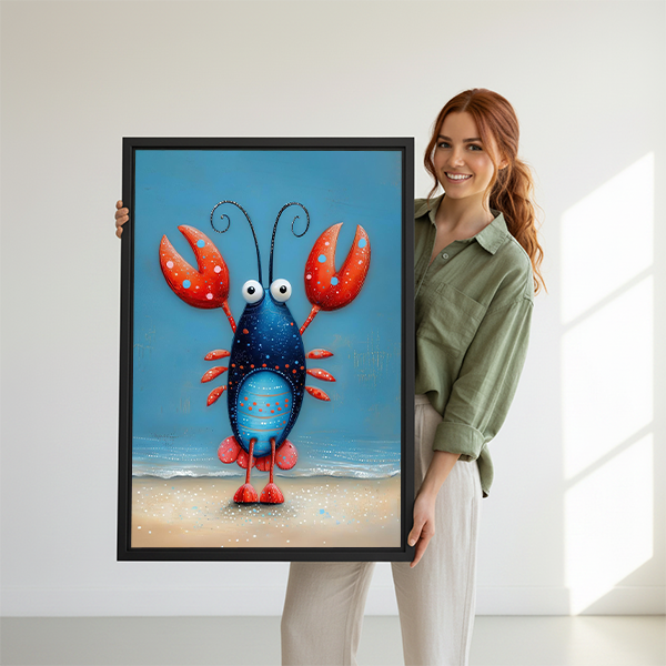 Gallery-wrap whimsical lobster canvas wall art displayed beside a bright window, leafy plants, and round wooden tables.