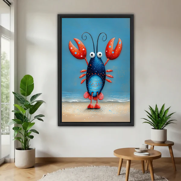 Whimsical lobster canvas wall art in a black frame beside a rattan bed with terracotta bedding.