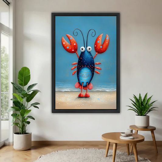 Whimsical lobster canvas wall art in a black frame beside a rattan bed with terracotta bedding.