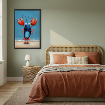 Woman holding black-framed whimsical lobster canvas wall art showing a blue lobster with bright red claws.
