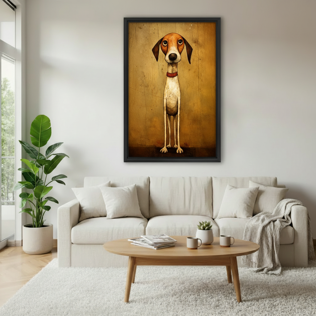 Whimsical hound vintage framed canvas wall art above beige sofa — quirky dog illustration on amber wood, cozy living room decor