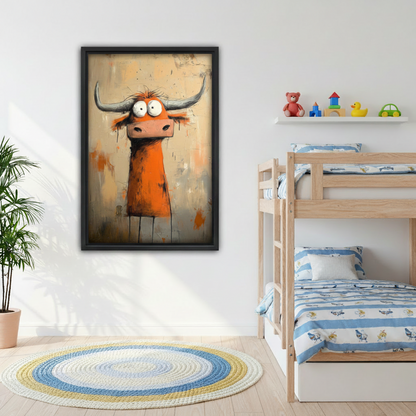 Framed whimsical longhorn bull wall art print hanging in bright kids bedroom beside bunk bed