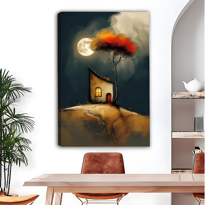 Moonlit cottage whimsical fantasy canvas wrap wall art displayed above wooden dining table in moody teal interior
