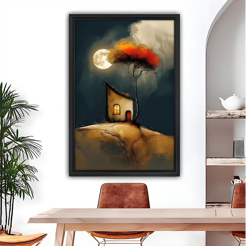 Whimsical moonlit cottage framed canvas wall art in black frame above dining table with arched mirror and warm interior