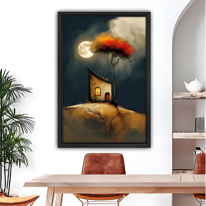 Whimsical moonlit cottage framed canvas wall art in black frame above dining table with arched mirror and warm interior