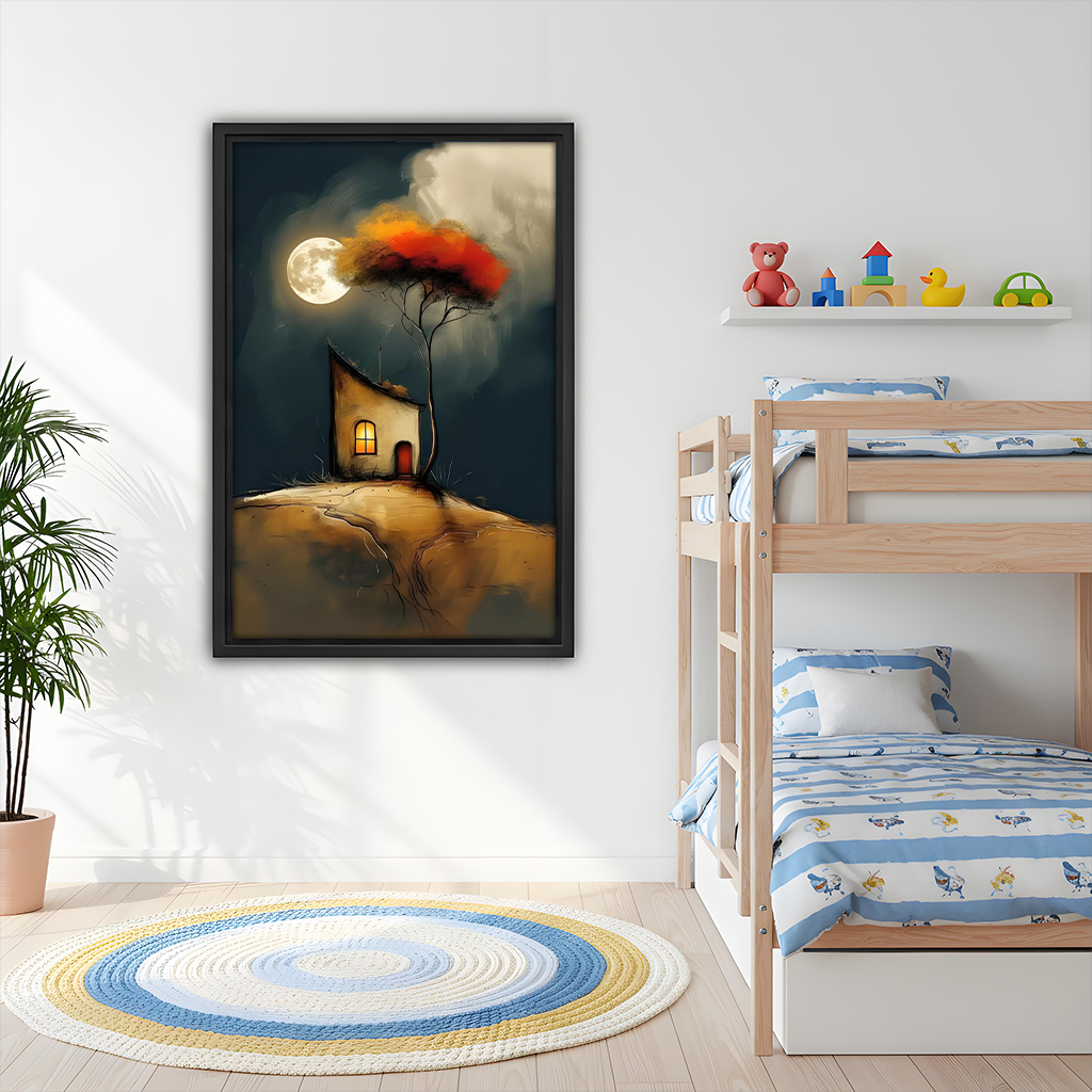 Whimsical moonlit cottage framed fantasy wall art hanging above bunk bed in colorful kids bedroom