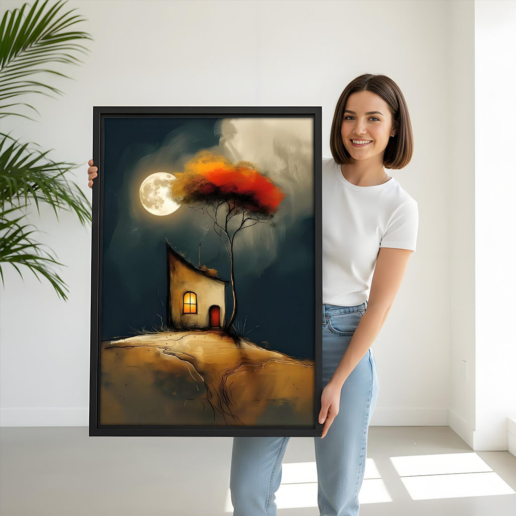 Woman holding large framed whimsical moonlit cottage wall art print showing size scale in bright white room