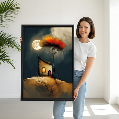 Woman holding large framed whimsical moonlit cottage wall art print showing size scale in bright white room