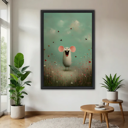 Whimsical framed canvas print of a laughing white mouse in a wildflower meadow, displayed in a bright living room with houseplants
