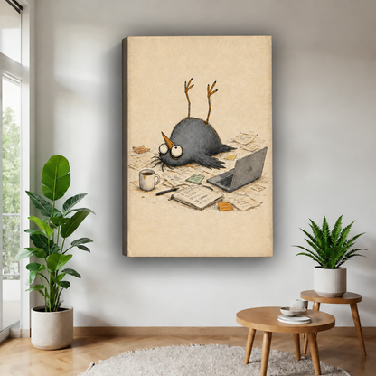 Unframed whimsical office bird canvas wall art with a cream background, displayed between potted plants near a window.