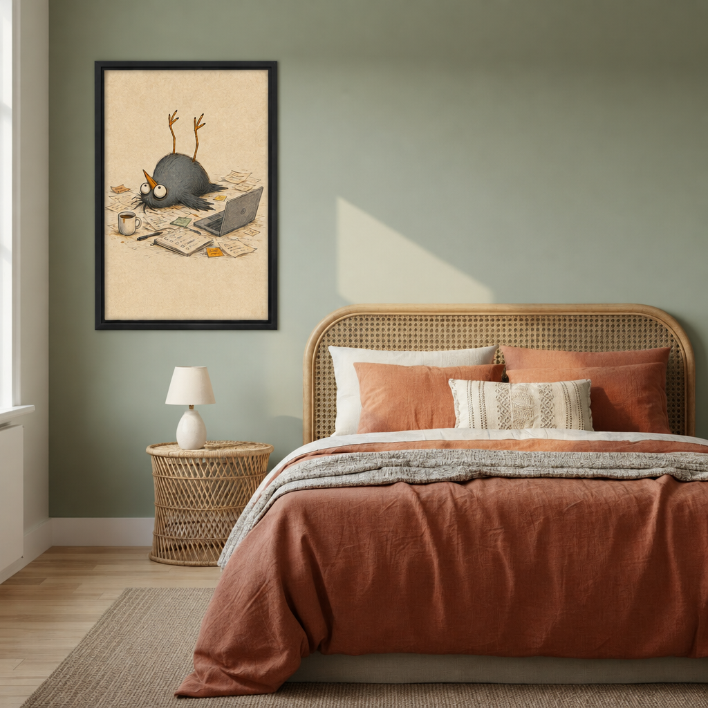 Black-framed whimsical office bird wall art beside a rattan bed with terracotta bedding against a sage green wall.