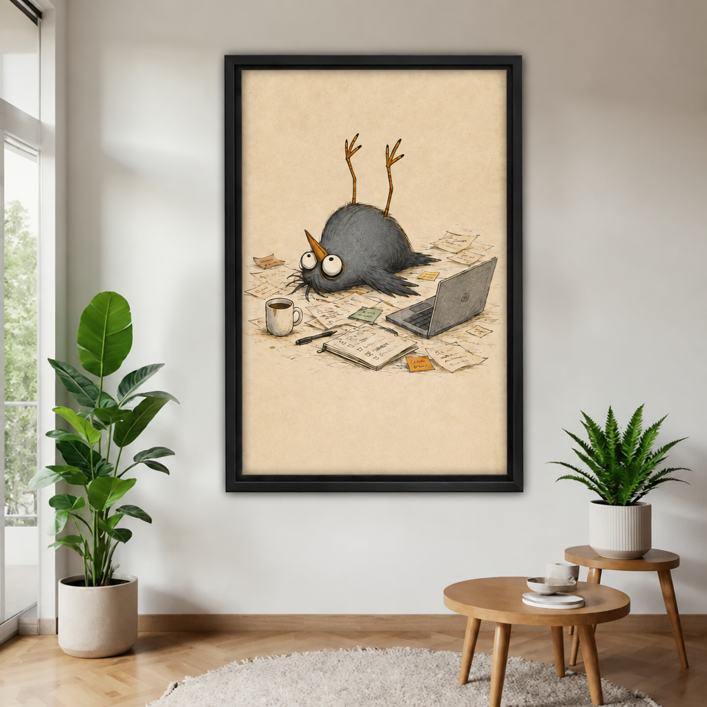 Whimsical office bird wall art in a black frame, displayed between leafy plants above round wooden tables.