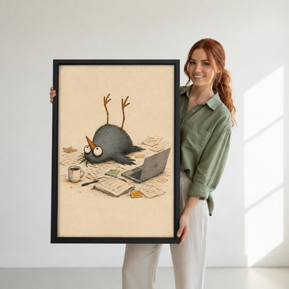 Woman holding black-framed whimsical office bird wall art featuring an upside-down gray bird, laptop, and scattered papers.