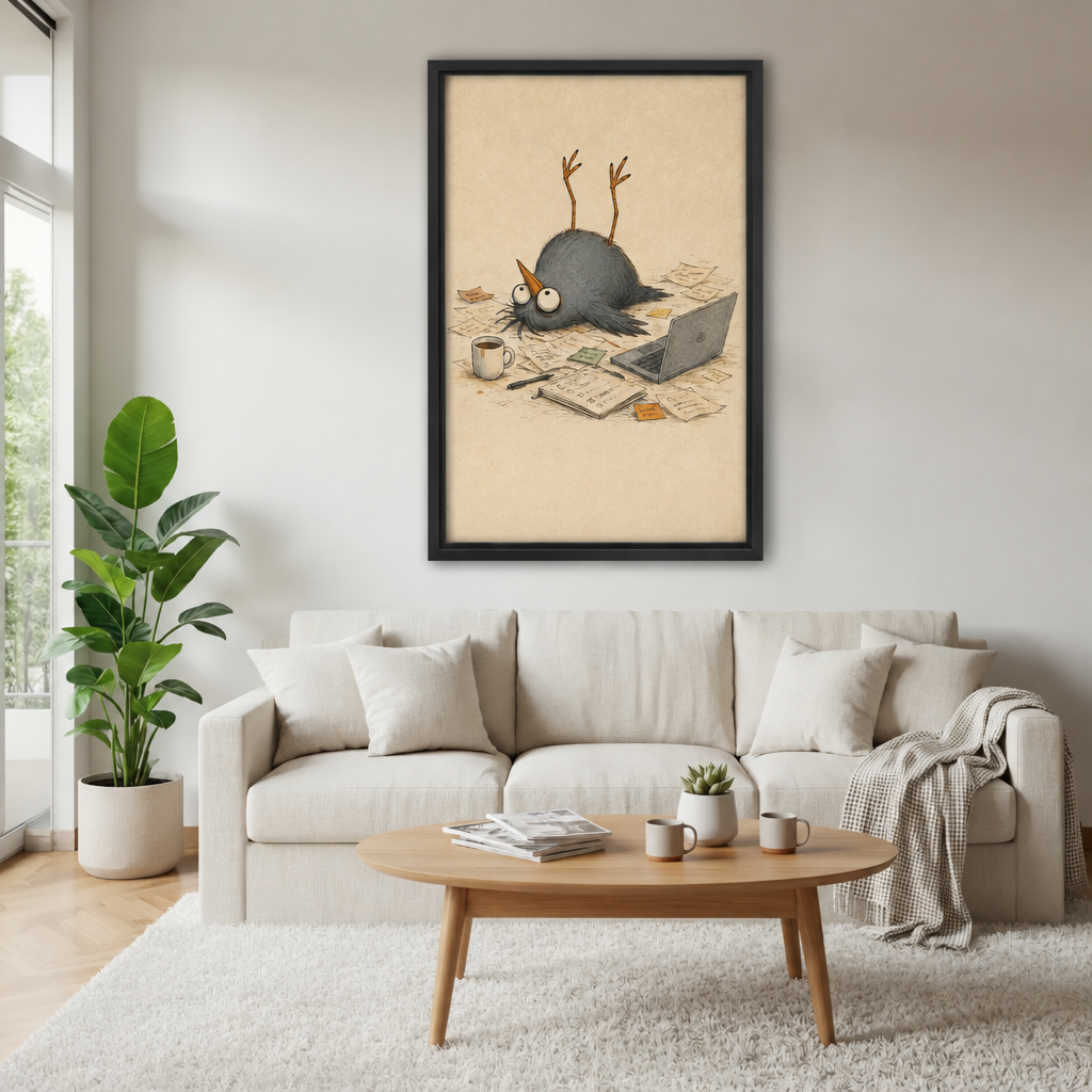 Framed whimsical office bird wall art above a cream sofa with a wooden coffee table and leafy plant.