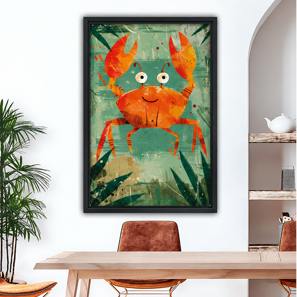Framed whimsical orange crab canvas wall art with raised claws displayed above a dining table.