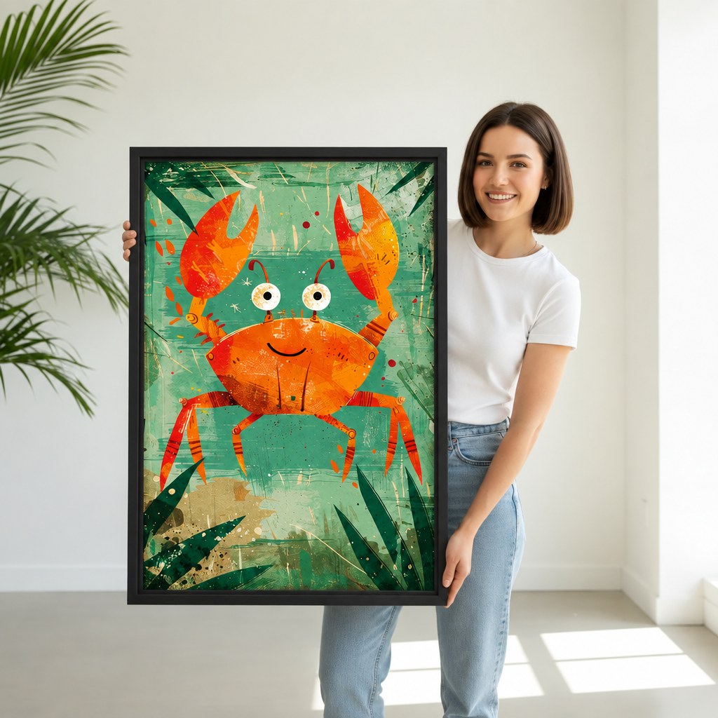 Woman holding framed whimsical orange crab canvas wall art to show its scale.