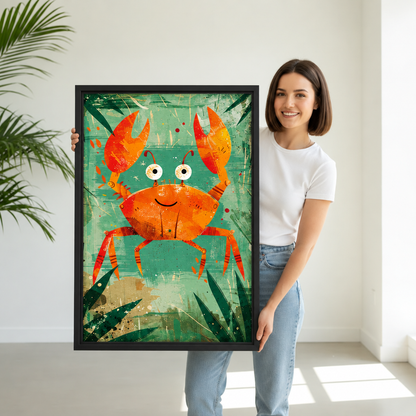Woman holding framed whimsical orange crab canvas wall art to show its scale.
