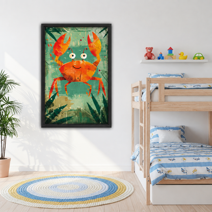 Framed whimsical orange crab canvas wall art displayed beside a bunk bed in a kids' bedroom.
