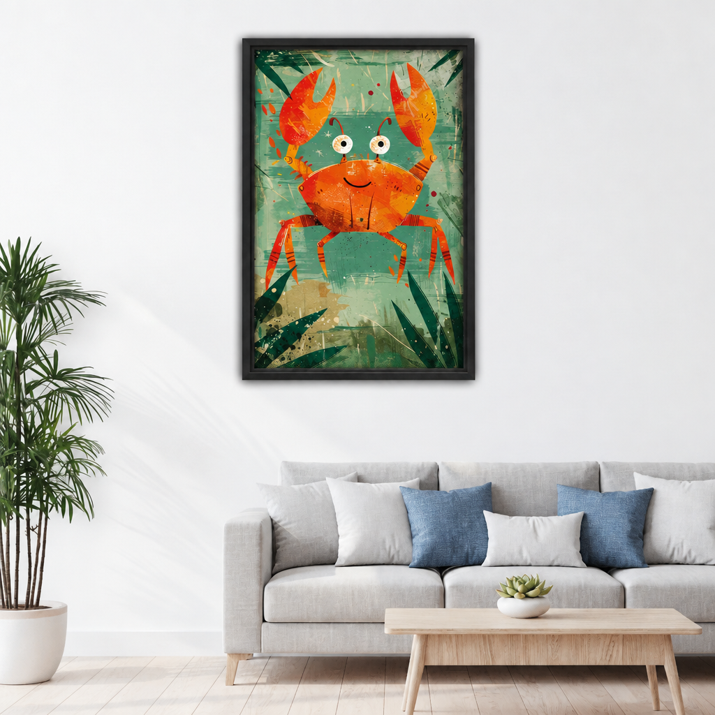 Framed whimsical orange crab canvas wall art displayed above a light-colored living room sofa.