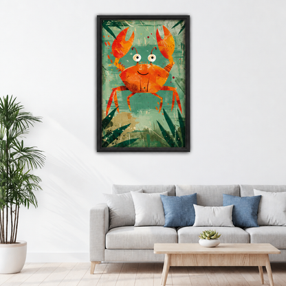 Framed whimsical orange crab canvas wall art displayed above a light-colored living room sofa.
