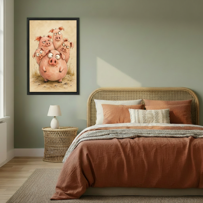 Funny pig canvas wall art hanging above rattan headboard in cozy bedroom, whimsical animal print for bedroom decor