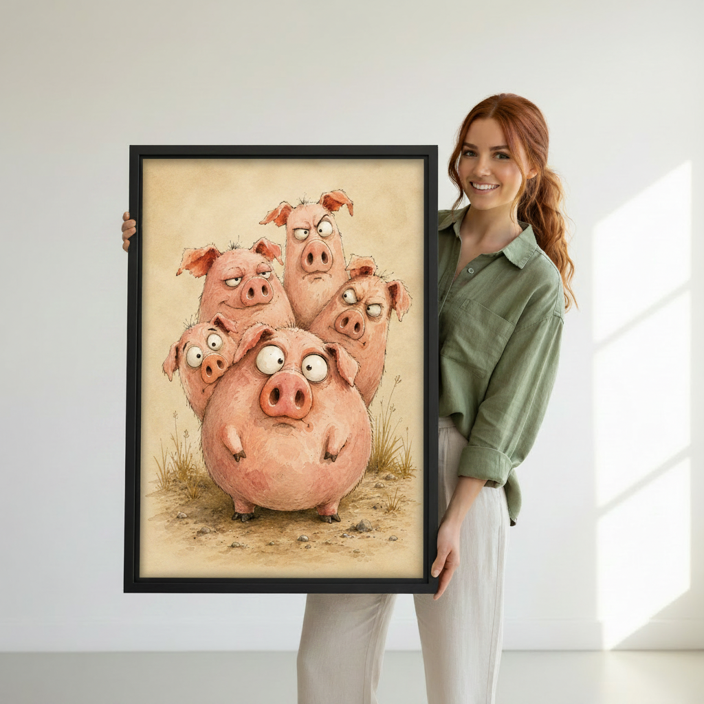 Woman holding whimsical pig canvas wall art print in black frame against white background, showing artwork size and quality