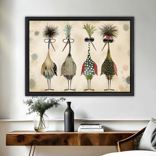 Whimsical quirky birds canvas wall art in black float frame above rustic wood console table with black vase and white ceramic pot
