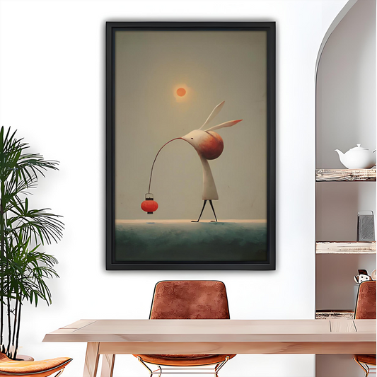Whimsical rabbit with red lantern and orange moon framed canvas wall art in modern dining room