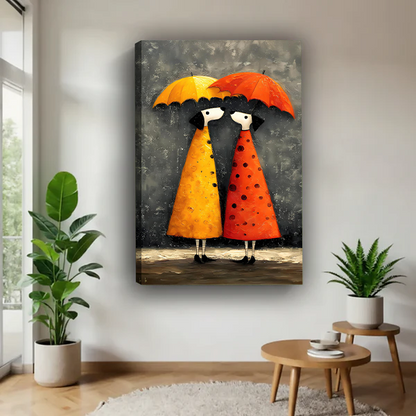 Smiling woman holding whimsical rainy day girls framed art print showing size reference on white studio background