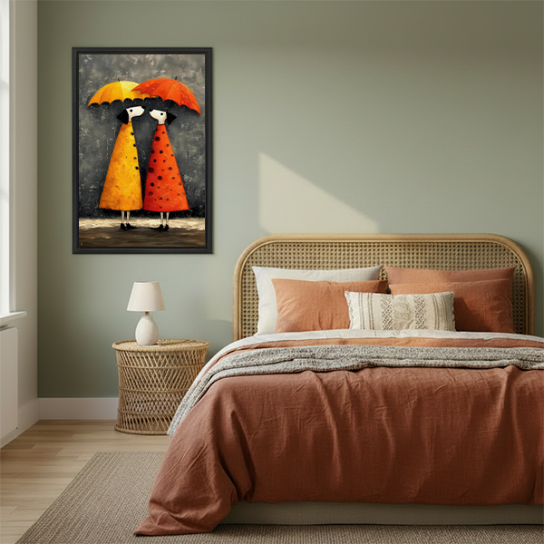 Whimsical rainy day girls framed canvas art on sage green bedroom wall above rattan headboard with warm terracotta bedding
