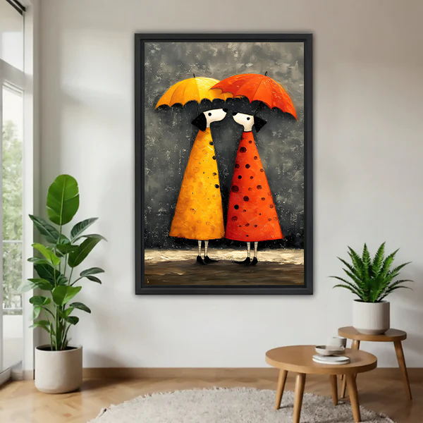 whimsical-rainy-day-girls-framed-canvas-black-frame-living-room