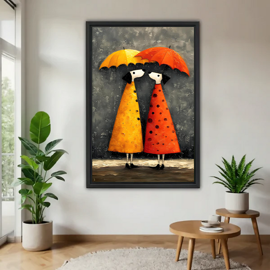 whimsical-rainy-day-girls-framed-canvas-black-frame-living-room