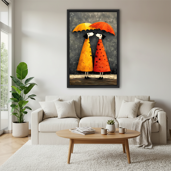 Whimsical rainy day girls colorful framed canvas wall art hanging above cream sofa in bright Scandinavian living room