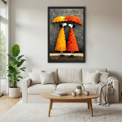 Whimsical rainy day girls colorful framed canvas wall art hanging above cream sofa in bright Scandinavian living room