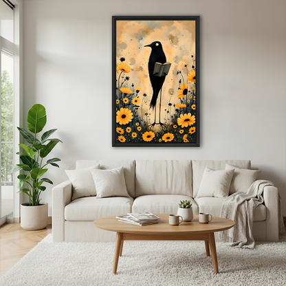 Framed whimsical reading crow canvas wall art hanging above a warm-toned bedroom bed