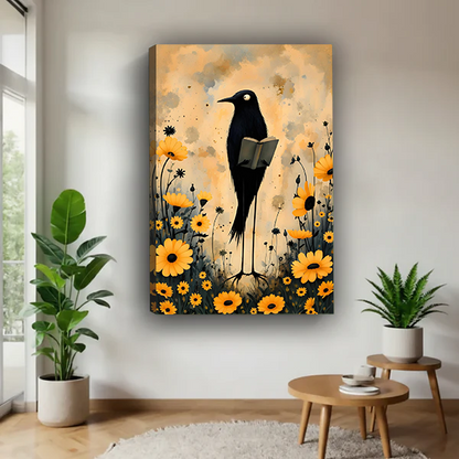 Woman holding framed whimsical reading crow canvas wall art surrounded by golden wildflowers