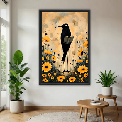 Framed whimsical reading crow canvas wall art displayed beside green plants in a modern living room