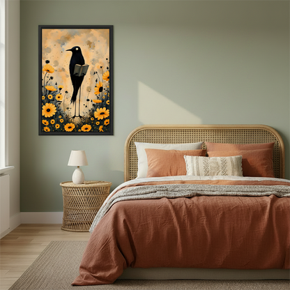 Framed whimsical reading crow canvas wall art above a neutral living room sofa