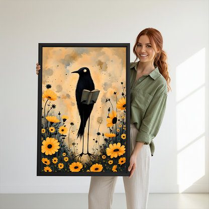 Gallery-wrap whimsical reading crow canvas wall art displayed between green plants in a bright living room