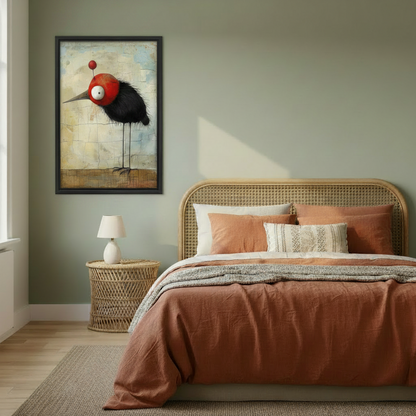 Whimsical surrealist bird portrait with a bold red spherical head and black feathered body, black framed wall art on sage green bedroom wall above a rattan bed with terracotta bedding