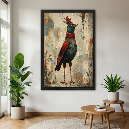 Whimsical red and teal bird canvas wall art in a black frame beside plants and wooden tables.