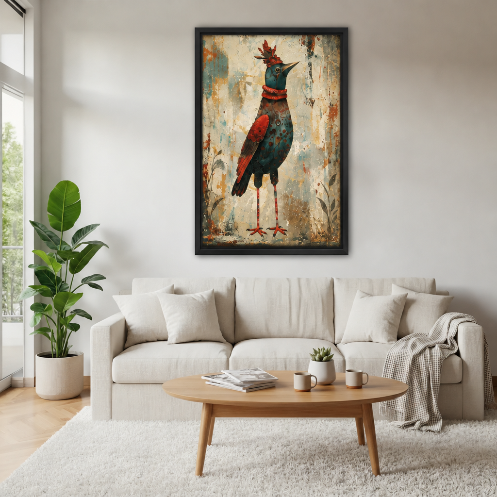 Framed whimsical red and teal bird canvas wall art above a cream sofa and wooden coffee table.