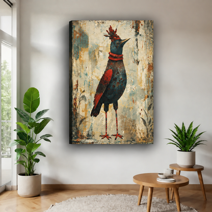 Gallery-wrapped whimsical red and teal bird canvas wall art displayed near a bright window and leafy plants.