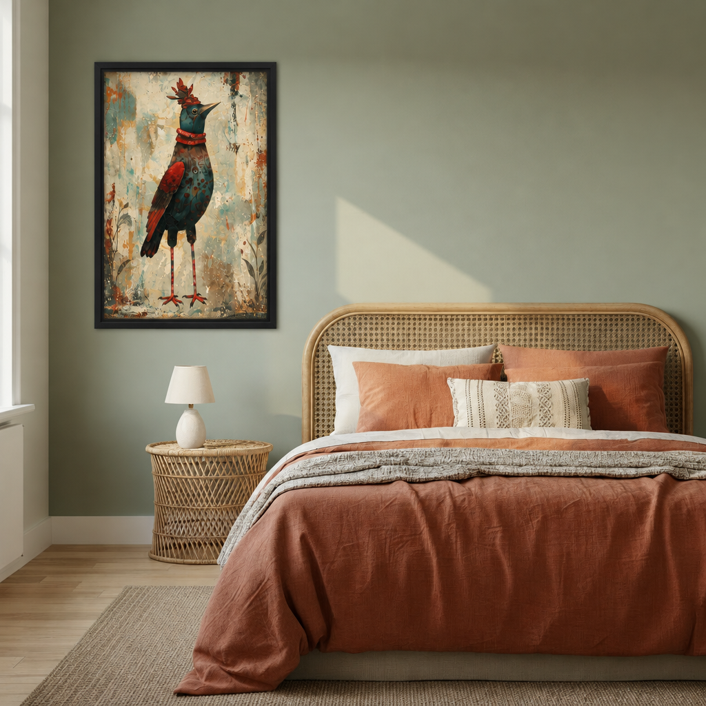 Whimsical red and teal bird canvas wall art beside a rattan bed with terracotta bedding and sage walls.