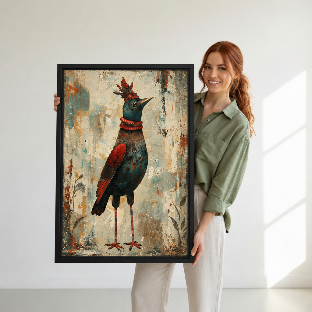 Woman holding black-framed whimsical red and teal bird canvas wall art with botanical details and a cream background.