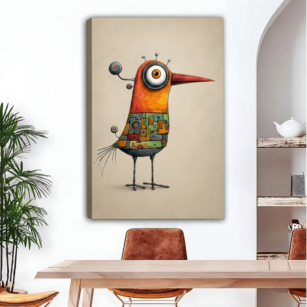 Unframed whimsical robot bird canvas art print colorful patchwork body on neutral background